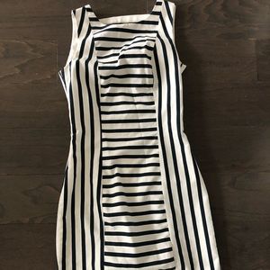 Navy blue and white striped fitted dress